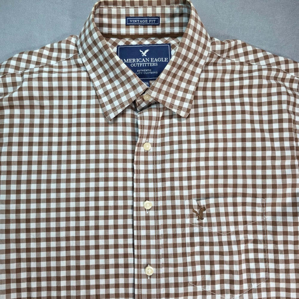 American Eagle Outfitters Mens XLT Brown Gingham Button Down Shirt Vintage‎ Fit
